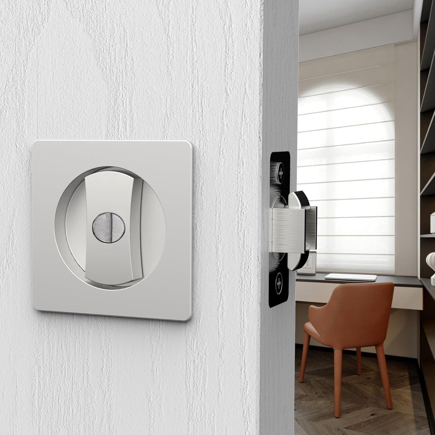 Pocket Door Lock,Privacy Square Pocket Door Hardware,Invisible Sliding Door Lock Keyless(2-3/8" Backset),Flush Pocket Door Locks (Brushed Nickel Square)