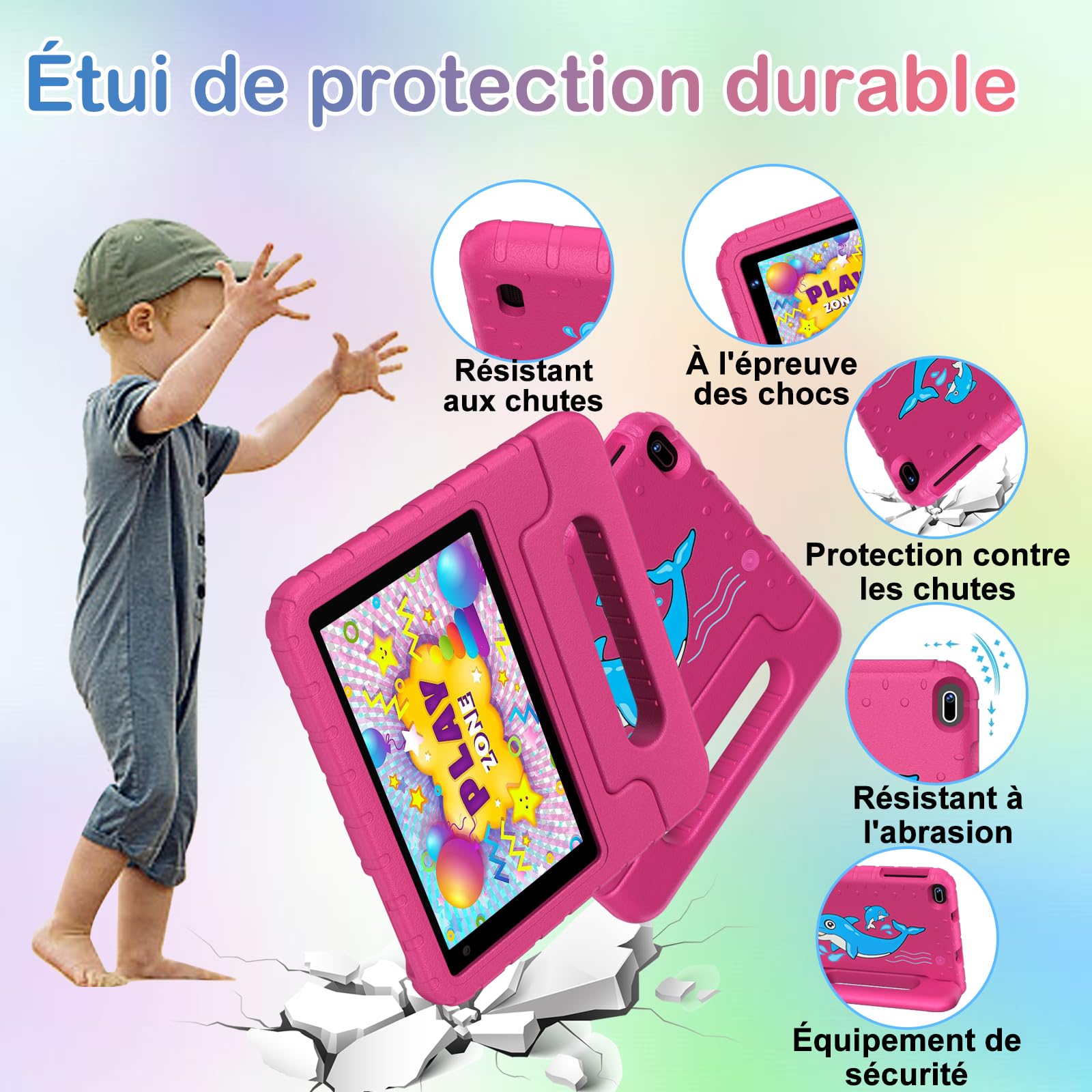 Tablette pour 7 Pouces Android Tablette Enfants avec 10GB+64GB(TF 1TB),Kids Tablette Tactile Octa-Core,Éducative Apps Pré-Installé,Contrôle Parental, WiFi 6, BT5.0,Cas EVA - Pink