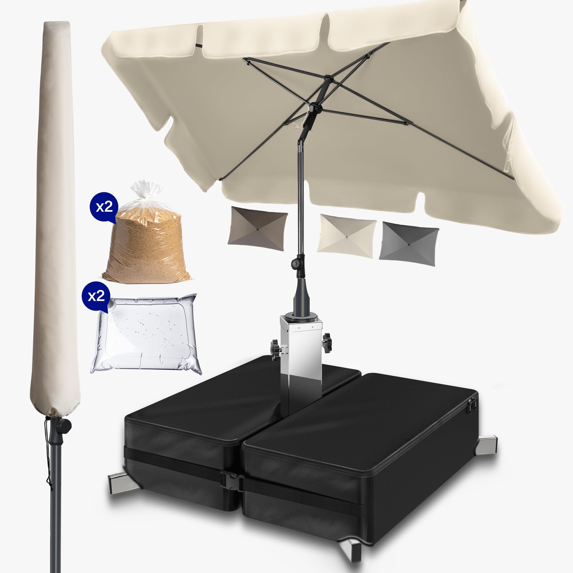 Menz 3-IN-1 Sonnenschutz Balkon Set - Sonnenschirm rechteckig 200 x 125 cm + Sonnenschirmständer + Schirmhülle - Sonnenschirm Balkon mit Ständer, Balkonschirm, knickbar höhenverstellbar, Beige