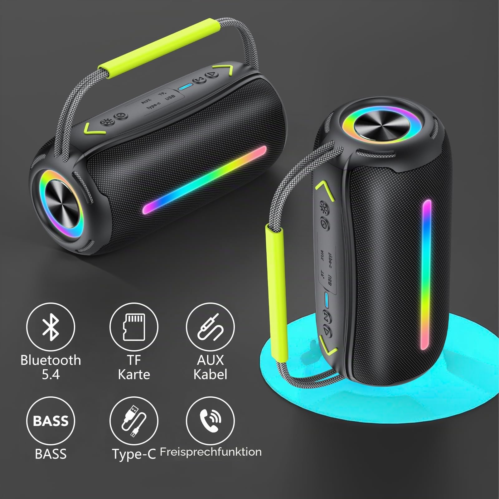 IKT Bluetooth Lautsprecher mit Tragegriff, 40W Musikbox Bluetooth Box mit Dualen Bass-Treibern, IPX7 Wasserdicht, RGB Lichter, TWS Kopplung, AUX, TF Karte, Geeignet Party/Outdoor/Reisen, Schwarz