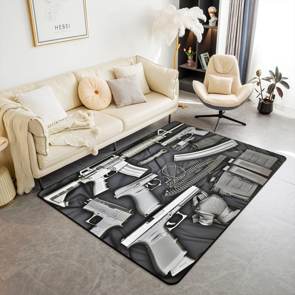 jejeloiu Army Rifle Machine Gun Living Room Rugs for Gun Pattern Accent Rug Set Area Rug 5x7 War Theme Indoor Floor Mat Decor Military Themed Non Slip