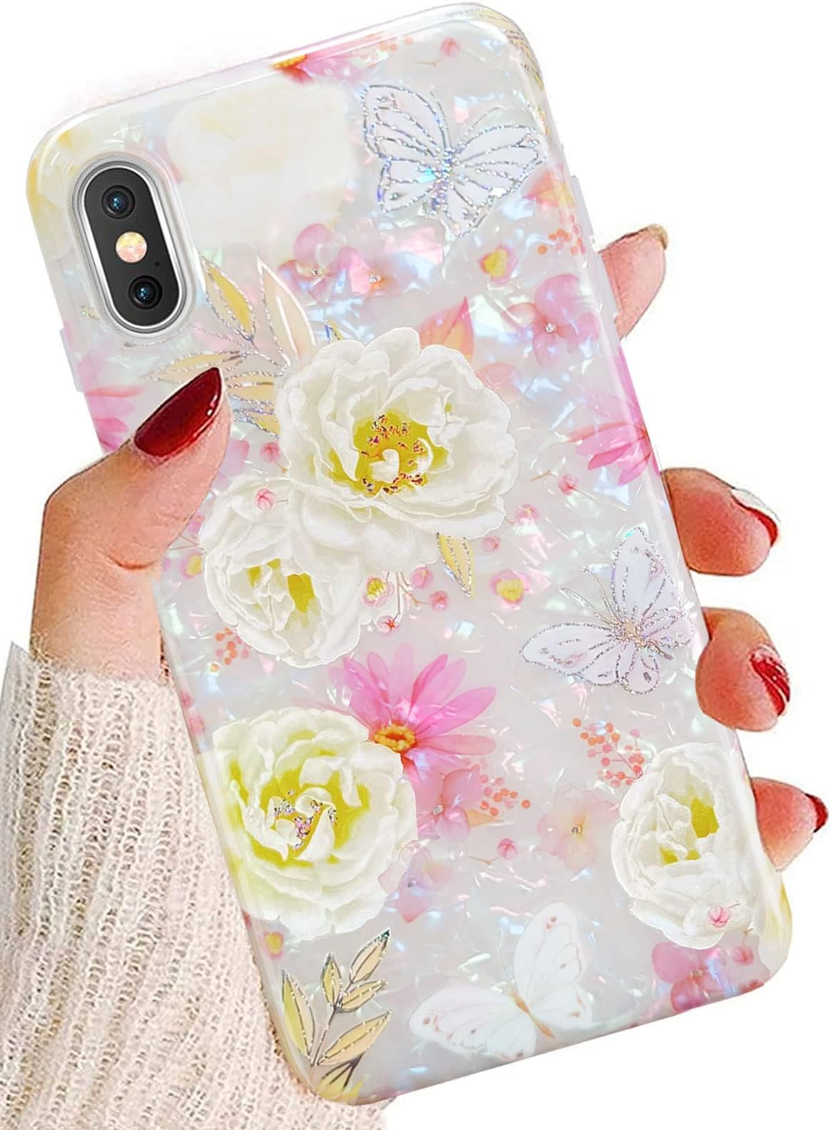 J.westiPhone XS Case/iPhone X Case 5.8 inch,Luxury Sparkle Glitter Colorful Opal Pearly Thinfoil Design Shiny Butterfly Floral Print Soft Silicone Cover for Women Girls Slim TPU Protective Phone Case