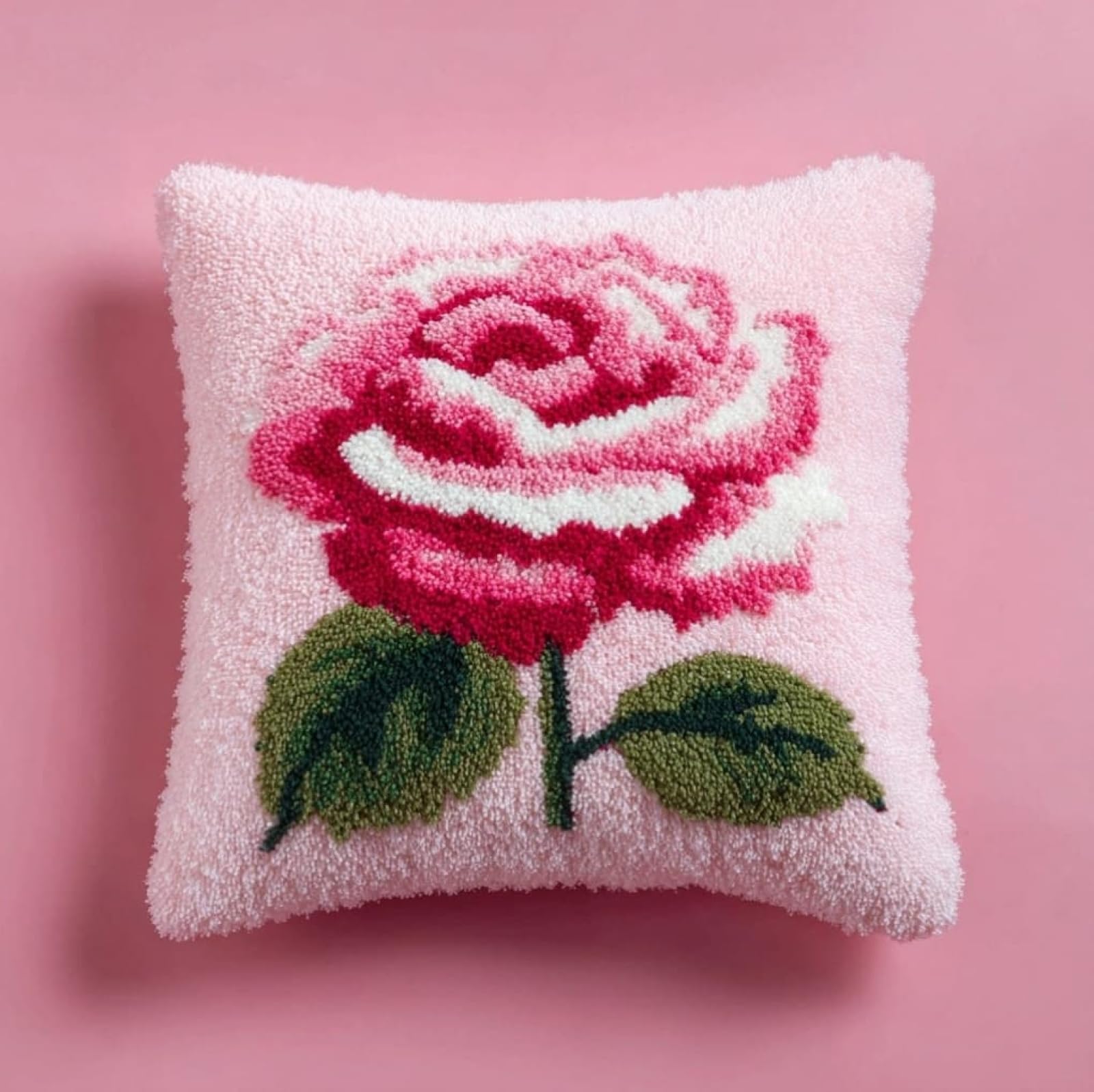AxiangziK DIY Latch Hook Cushion Cover Kit,Pink Roses 43x43cm Handmade Needlework Kit for Sofa & Bedroom Decorations
