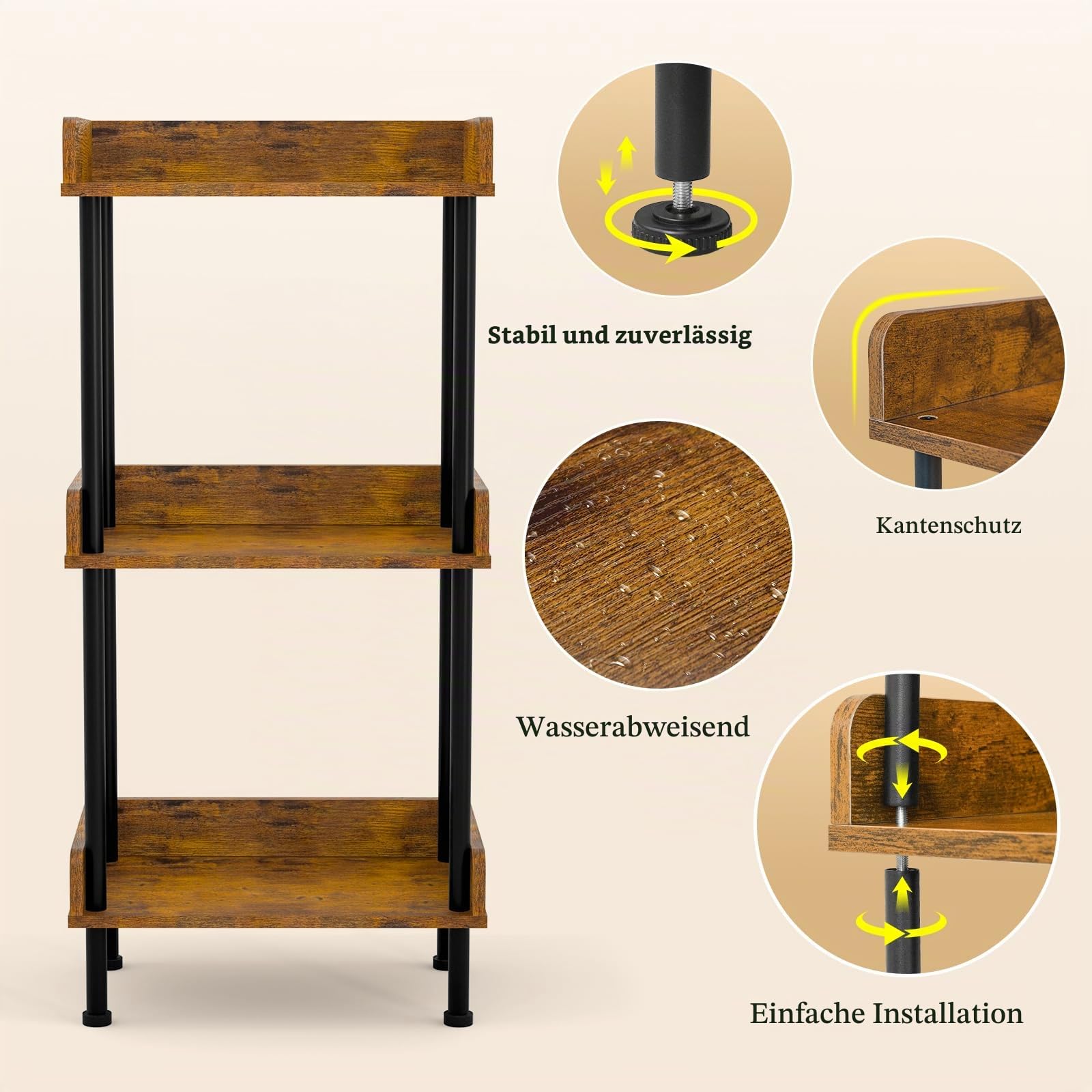Suhu Bücherregal mit 3 Ebenen Küche Standregal Holzregale und Metallrahmen, Modernes Regal für Wohnzimmer Schlafzimmer Balkon Schwarz + Braun