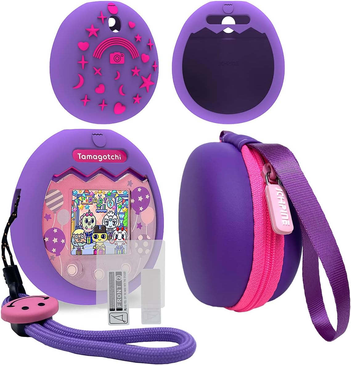 JCHPINE Hard Carrying Case and Silicone Cover Compatible with Tamagotchi Pix Interactive Virtual Pet Game Machine, Screen Film Protector for Tamagotchi Pix Accessories(Purple-Pink)