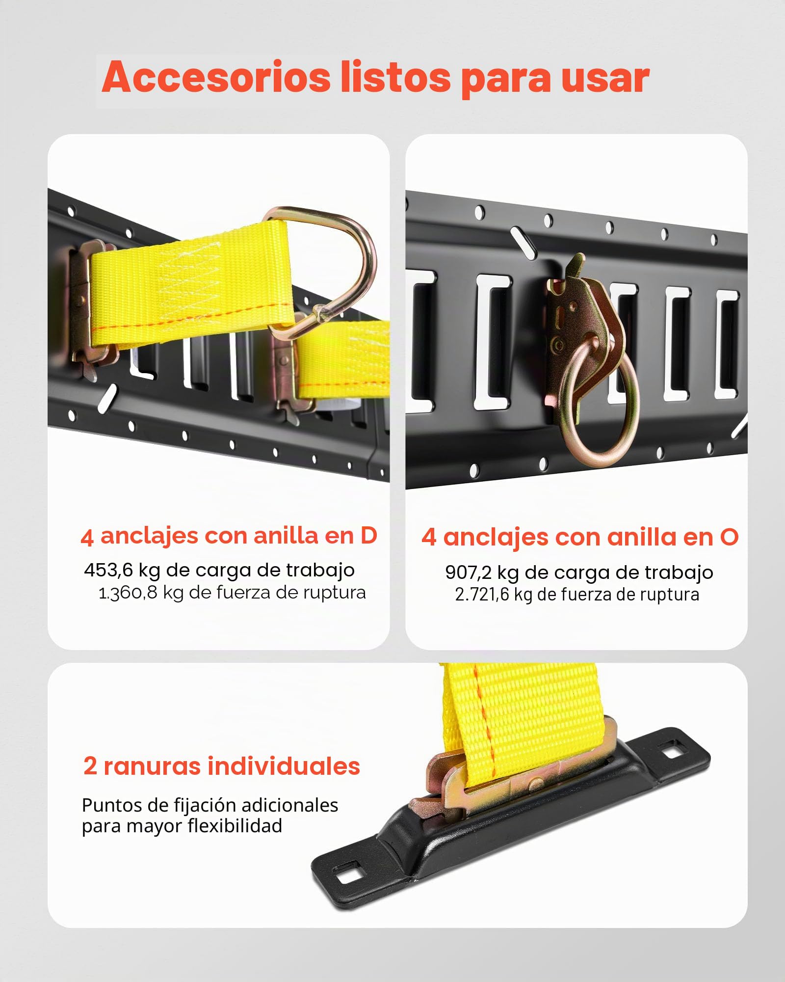 VEVOR Kit de 4 Rieles de Amarre E-Track de 0,6 m, con 2 Correas de Trinquete, 4 Juntas Tóricas, 4 Correas de Amarre con Anilla en D, 2 Ranuras Individuales y 8 Tapas de Extremo, para Garajes