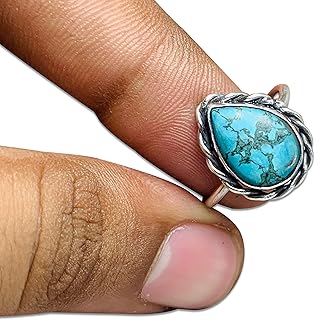 Natural Turquoise Ring, 925 Sterling Silver Ring, Cabochon Ring, Green Turquoise Ring, Pear Turquoise Ring, Statement Ring, Boho Ring (5.5)