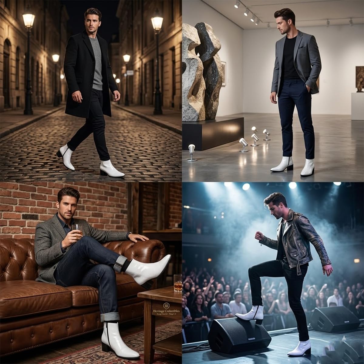 Stivaletti da Scena da Uomo in Vera Pelle Stile Moda - Stivali da Performance a metà Caviglia con Tacco Grosso, Stampa Serpente e Design Elegante