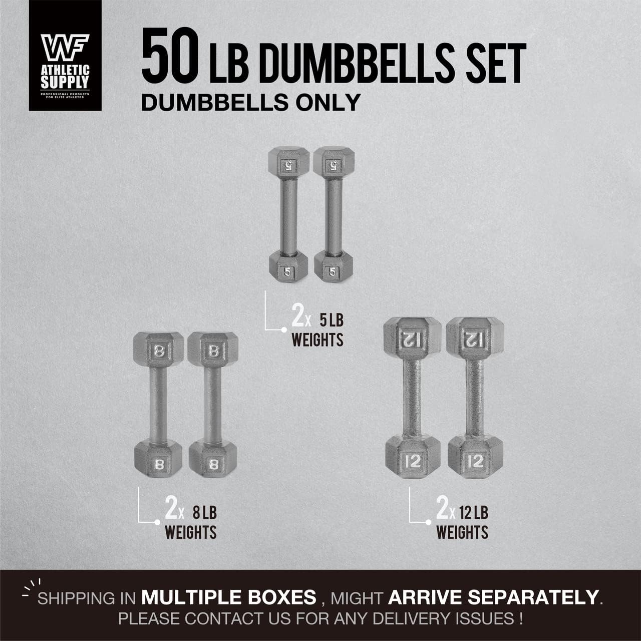 WF Athletic Supply Cast Iron Dumbbell Set, Solid Hexagon Grey Dumbbell Set, Strength Training Free Weights for Women & Men