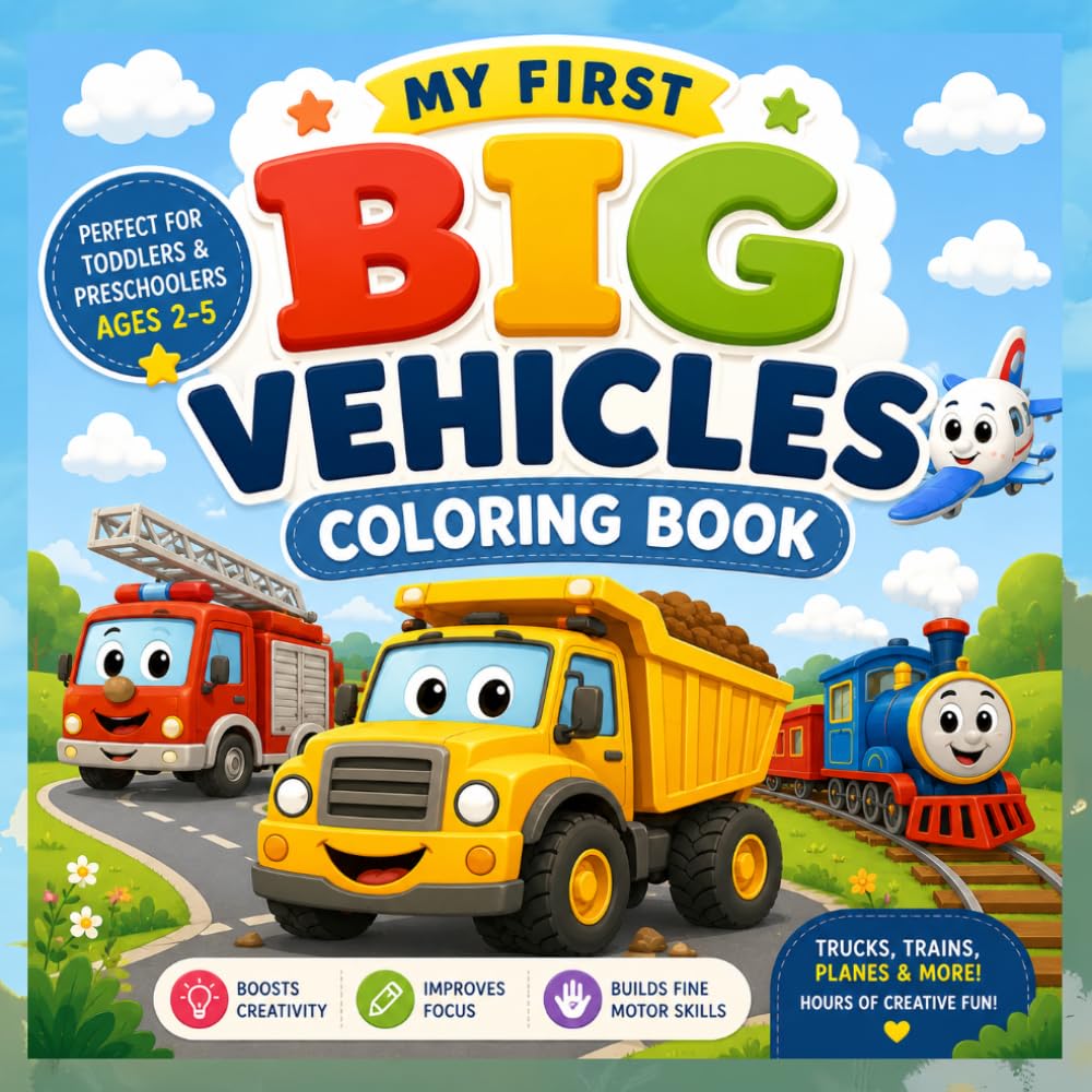 Big Vehicles Colouring Book for Kids Ages 2–5: Fun Coloring, Tracing and Activity Pages for Toddlers and Preschoolers
