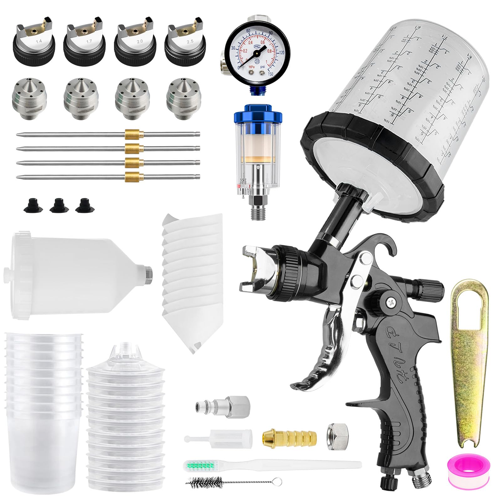 HVLP Spray Gun with 10Pcs 650ML Disposable Paint Cups, Automotive Paint Gun with 1.4/1.7/2.0/2.5mm Nozzles, Gravity Feed Air Paint Gun for Car,House Painting (Black)