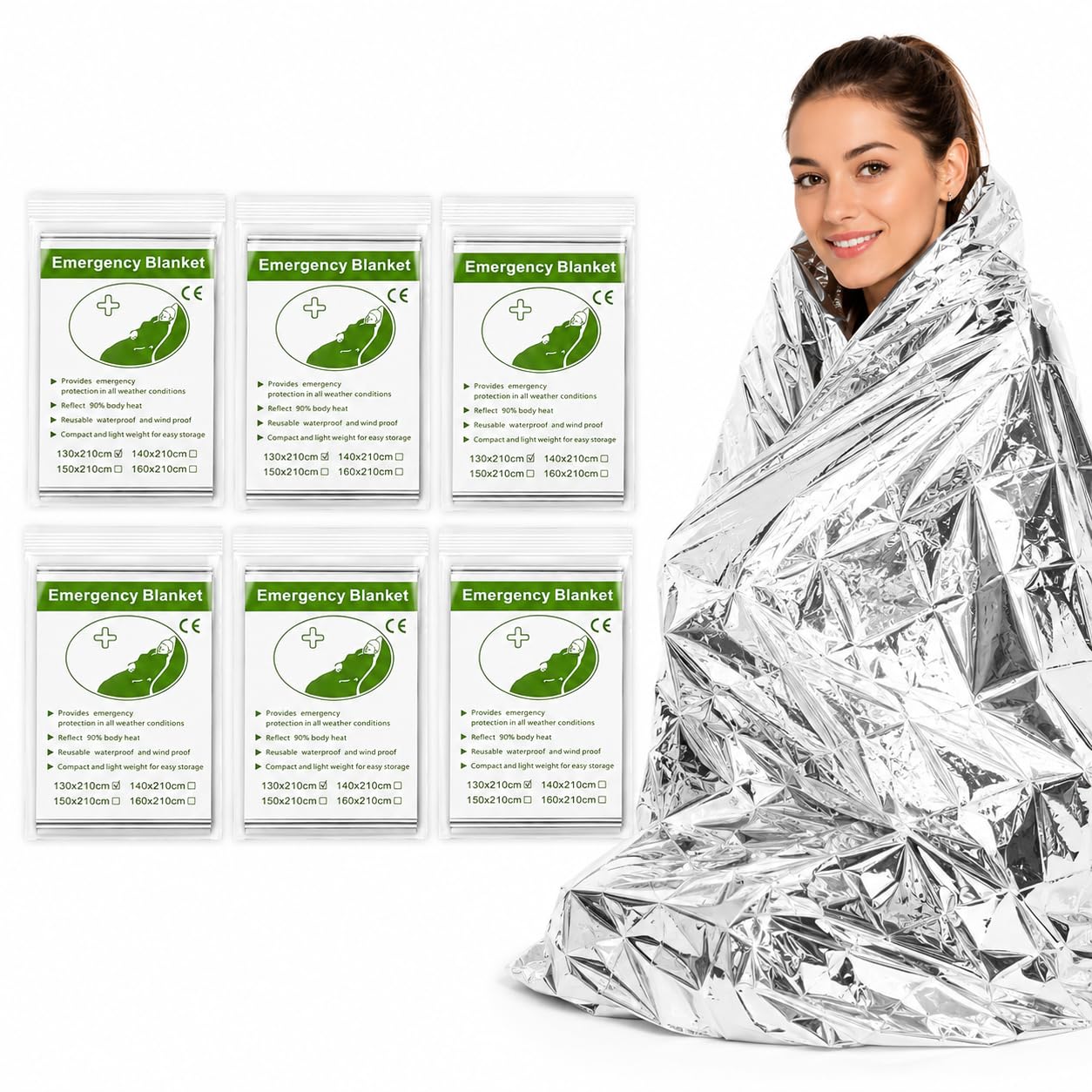 JADUFHU Emergency Blankets, Foil Mylar Blanket 210×130 cm, Survival Foil Thermal Blanket for Outdoors, Hiking, First Aid, Marathons (Pack of 6)