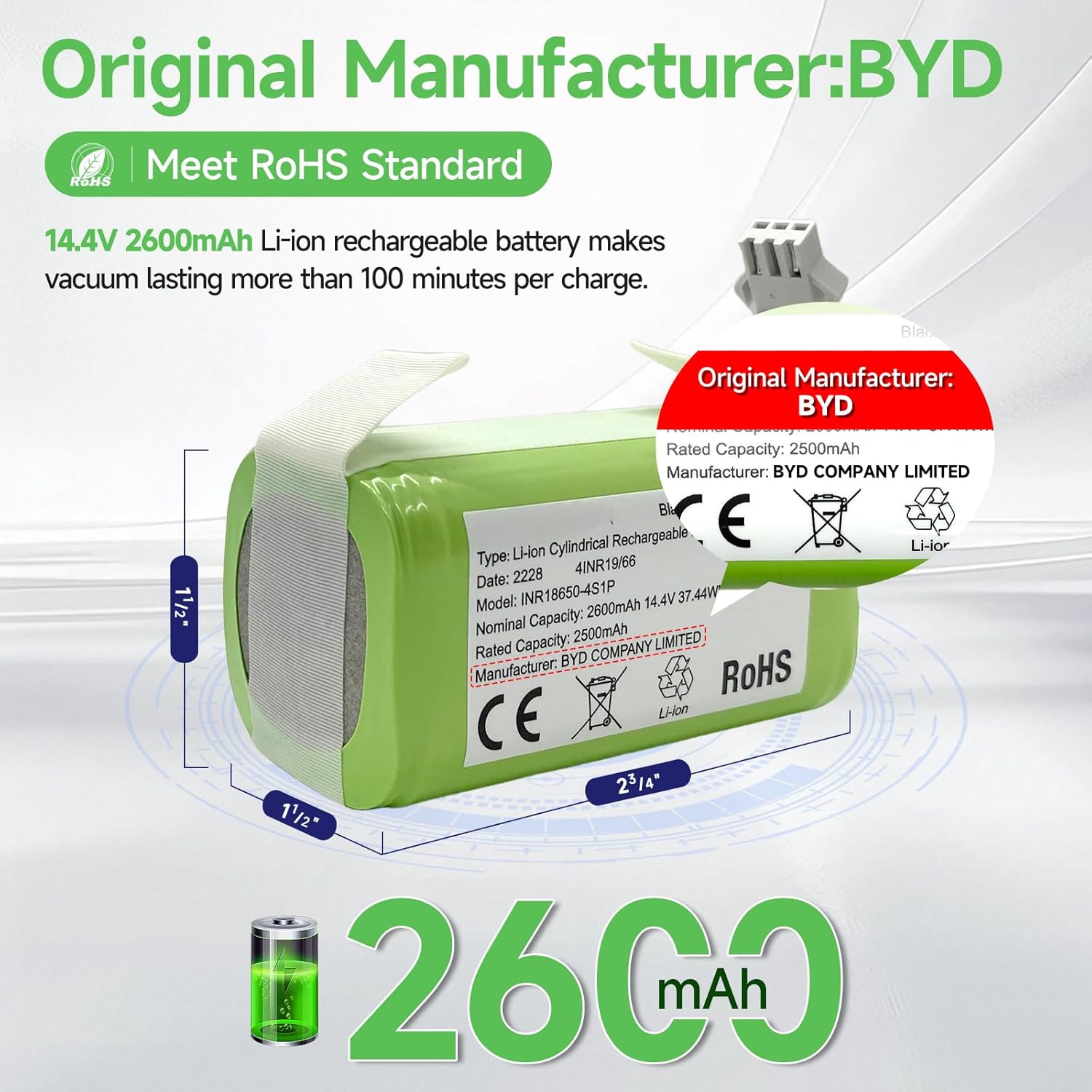Replacement Battery for Amarey A800 A900 Eufy RoboVac 11 11S 11S Max 12 15C 15C Max 15T 25C 25C Max 30 30C Max 35C G10 Hybrid G20 G30 Edge Hybrid G30 Verge R500 R45 Vacuum OEM BYD14.4v 2600mAh