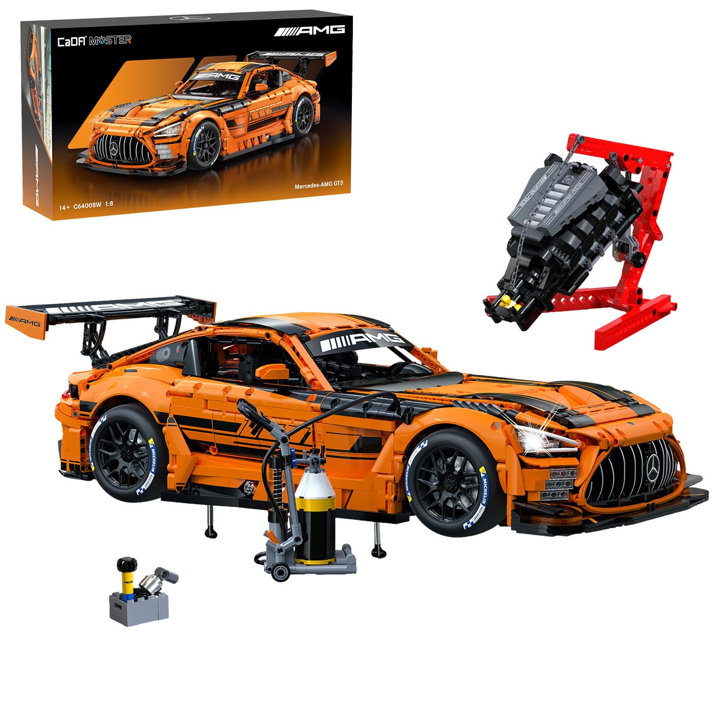JAMARA 402899 CADA Mercedes-AMG GT3 1:8 arancione 2,4 GHz mattoncini RC mattoncini a incastro auto da corsa modello kit di costruzione telecomandato tecnica idea regalo