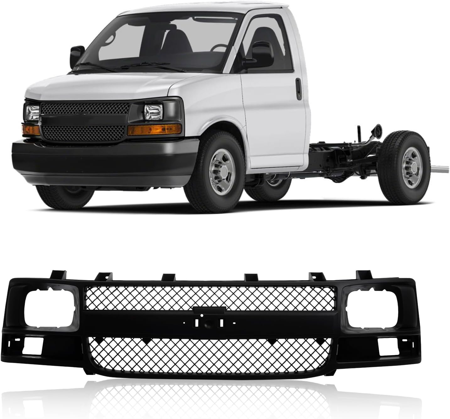 Front Express Grille - Chrome Shell With Gray Insert Grill Compatible With 1996-2002 Chevy Express 1500 2500 3500 GM1200382 15037242 (Fits Composite Headlights Type)