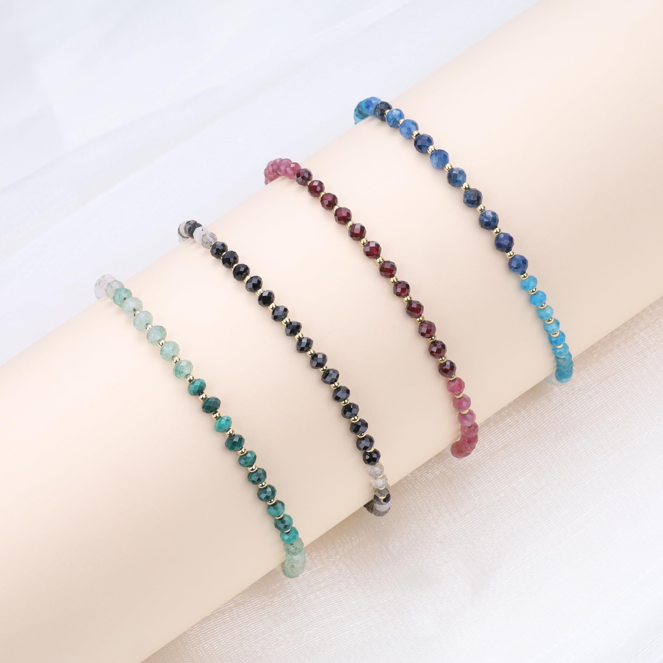 COAI Tobillera de Mujer con Piedras Preciosas Facetadas Cromoterapia, Tobillera de Colores con Piedras Naturales y Cierre Ajustable - Piedras Azules, Piedras Rojas, Piedras Negras y Piedras Verdes
