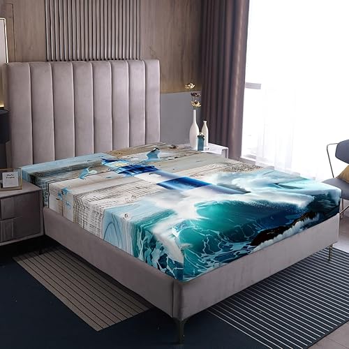 Miniatura 4 de Erosebridal Lighthouse - Juego de sábanas tamaño Queen, juego de ropa de cama náutica de olas del océano y mar, decoración de dormitorio, sábanas