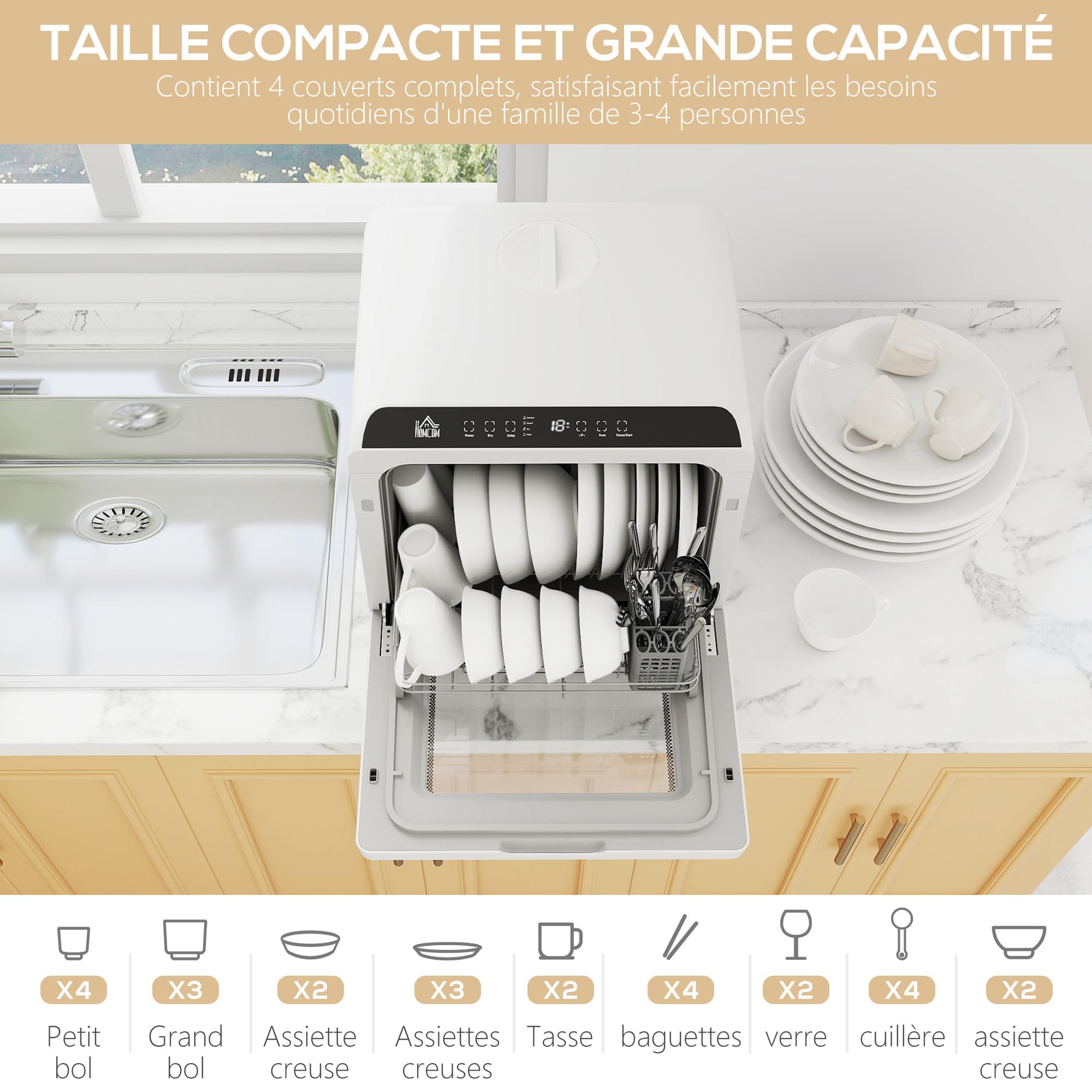 HOMCOM Mini lave-vaisselle compact 4 couverts, lave-vaisselle de table avec 6 programmes, réservoir 6L, écran LED, double alimentation en eau, commande tactile, départ différé et séchage à l'air blanc