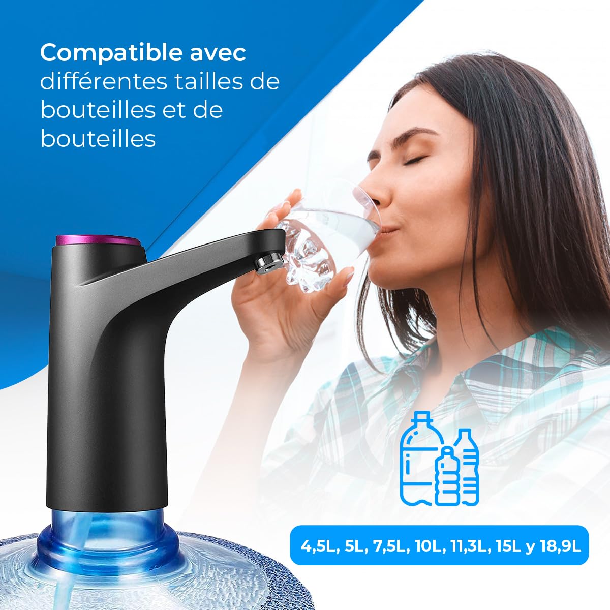 Distributeur d'eau en Bouteille Automatique USB sans BPA 1500mAh Silicone Noir 4,5-18,9L