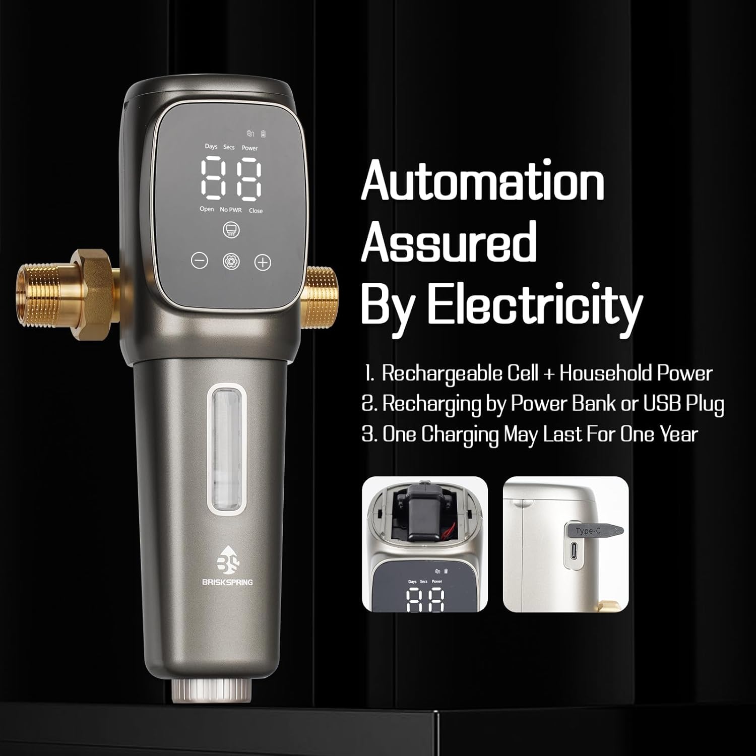 Automatic Spin Down Sediment Filters 40 Micron, Touch-Screen Auto Flushing and Drainage, 360°Rotatable Head, Reusable Whole House Water Filter, 1" MNPT + 3/4" FNPT, Gray