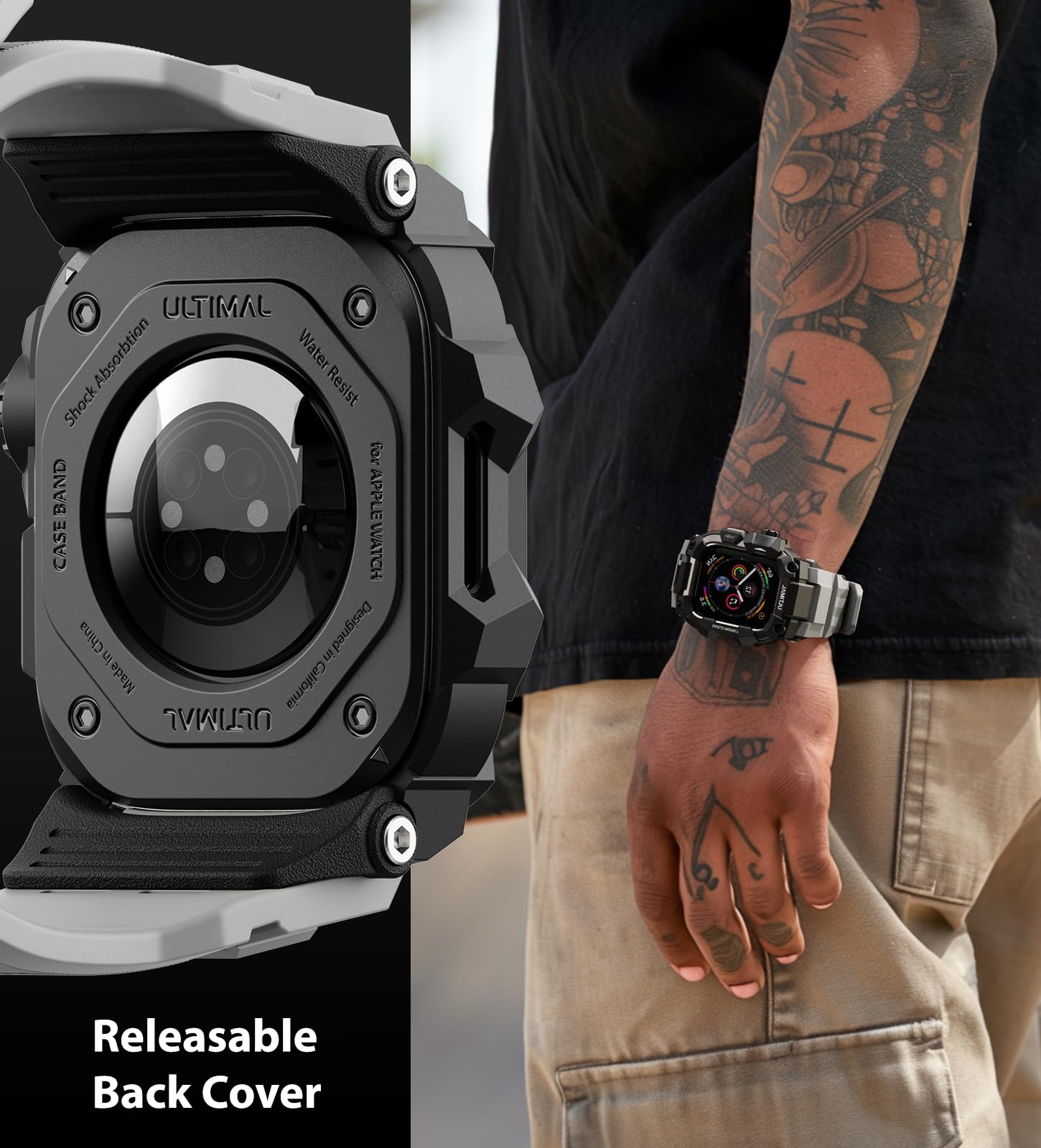 ULTIMAL Etui z paskiem i folią pancerną do Apple Watch 49 mm, 3 w 1, sportowy pasek do Apple Watch Ultra/Ultra 2, certyfikat wojskowy, odporny na uderzenia pokrowiec ochronny do iWatch