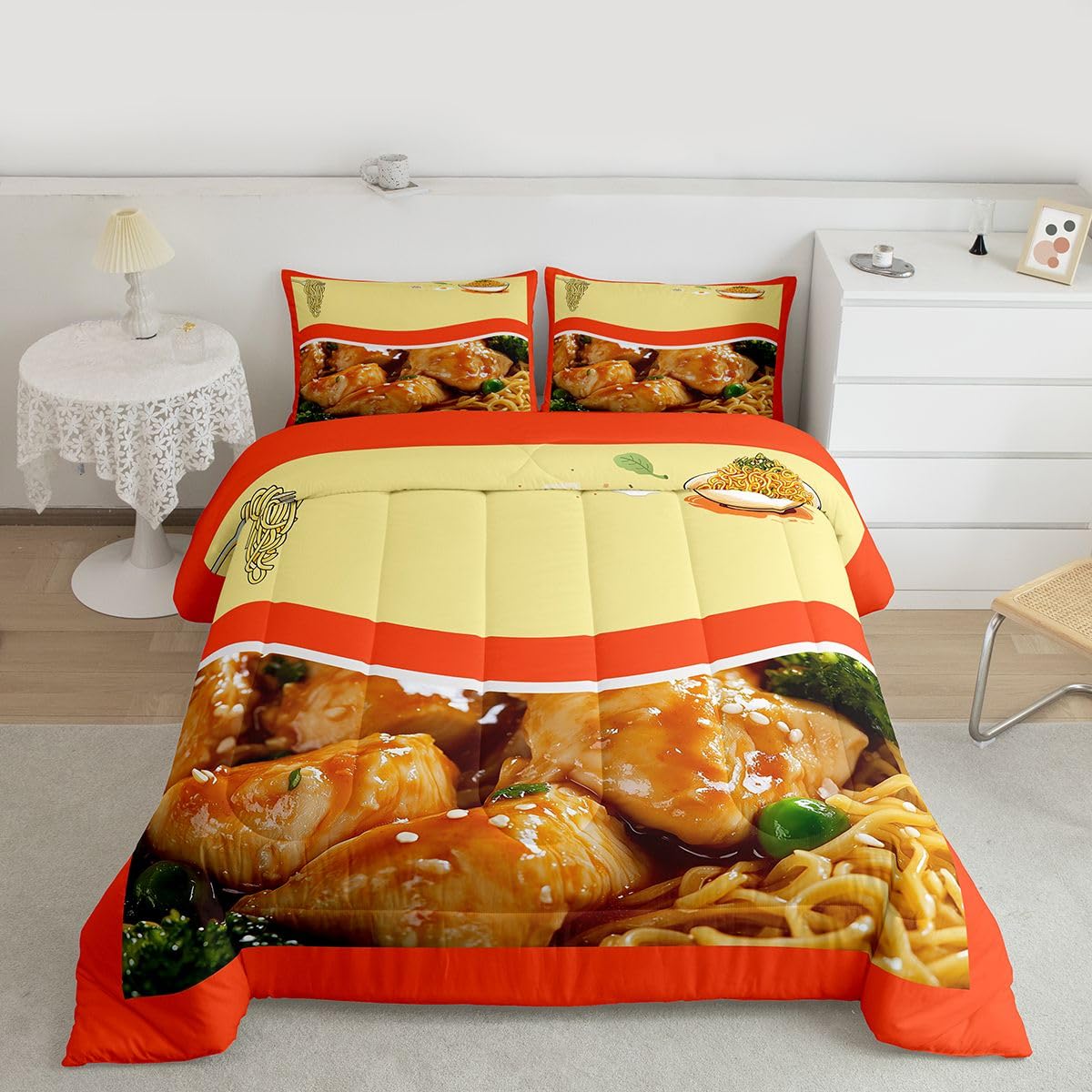 Feelyou Japanisches Ramen-Bettwäsche-Set, Queen-Size-Größe, gezogene Nudeln, für Kinder, Jungen, Mädchen, Dekoration, Schweinefleisch-Nudeln, Tröster, Mikrofaser, niedliches Bettbezug-Set