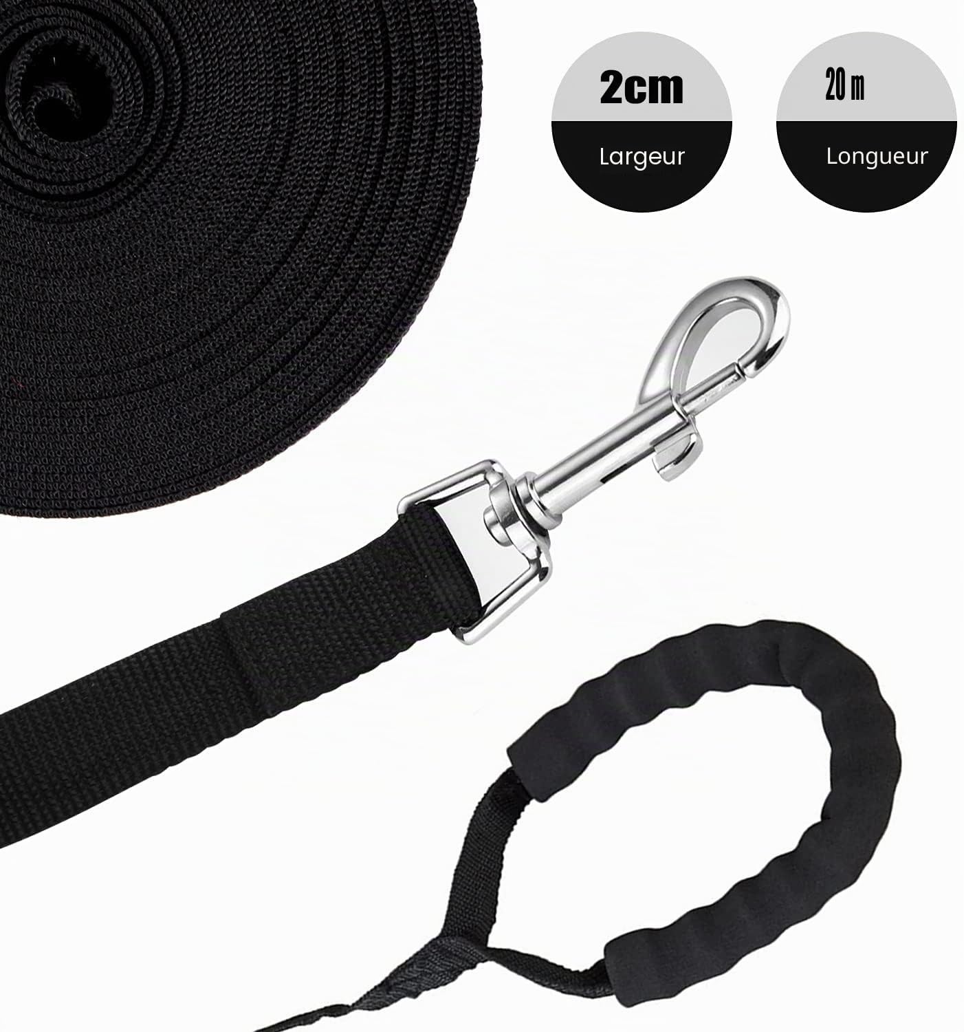 Longe pour Chien 20m Noir - Laisse de Dressage Longue pour Petites à Grandes Tailles