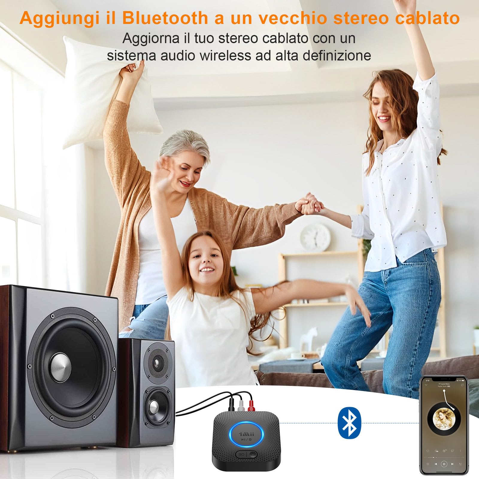 1Mii Ricevitore Bluetooth 5.3, Adattatore Audio Bluetooth HiFi con Jack AUX 3.5mm e RCA, 3D Surround e aptX HD, Wireless per Amplificatore, Stereo Casa, Lungo Raggio 50m
