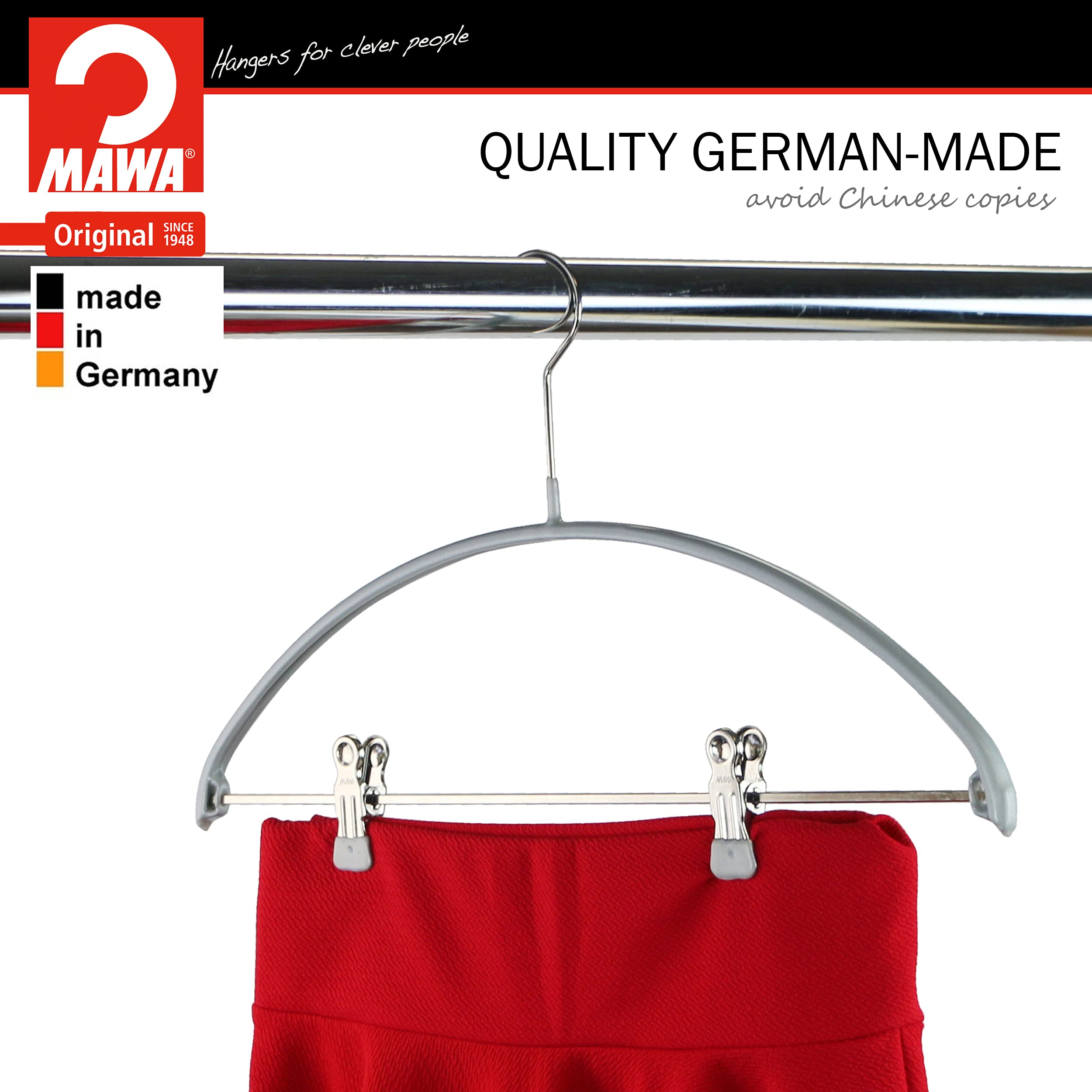 MAWA Silhouette Kleiderbügel Mit Hosenclips - 5 Stück, Rot, Aus Stahl, Trägt Bis 3,6 Kg, Made In Germany