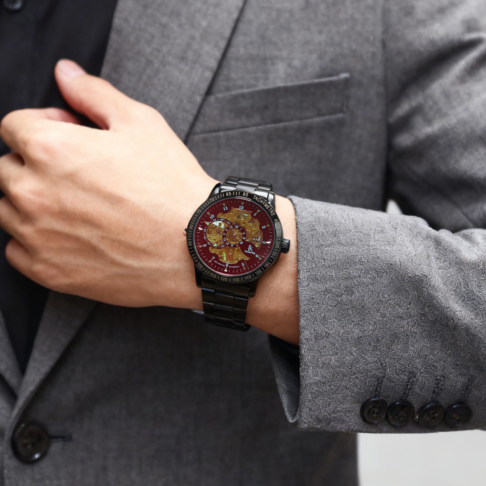 Orologio da polso meccanico automatico scheletro, quadrante argentato dorato tachimetro nero in acciaio inox casual Steampunk Watch Nero e rosso
