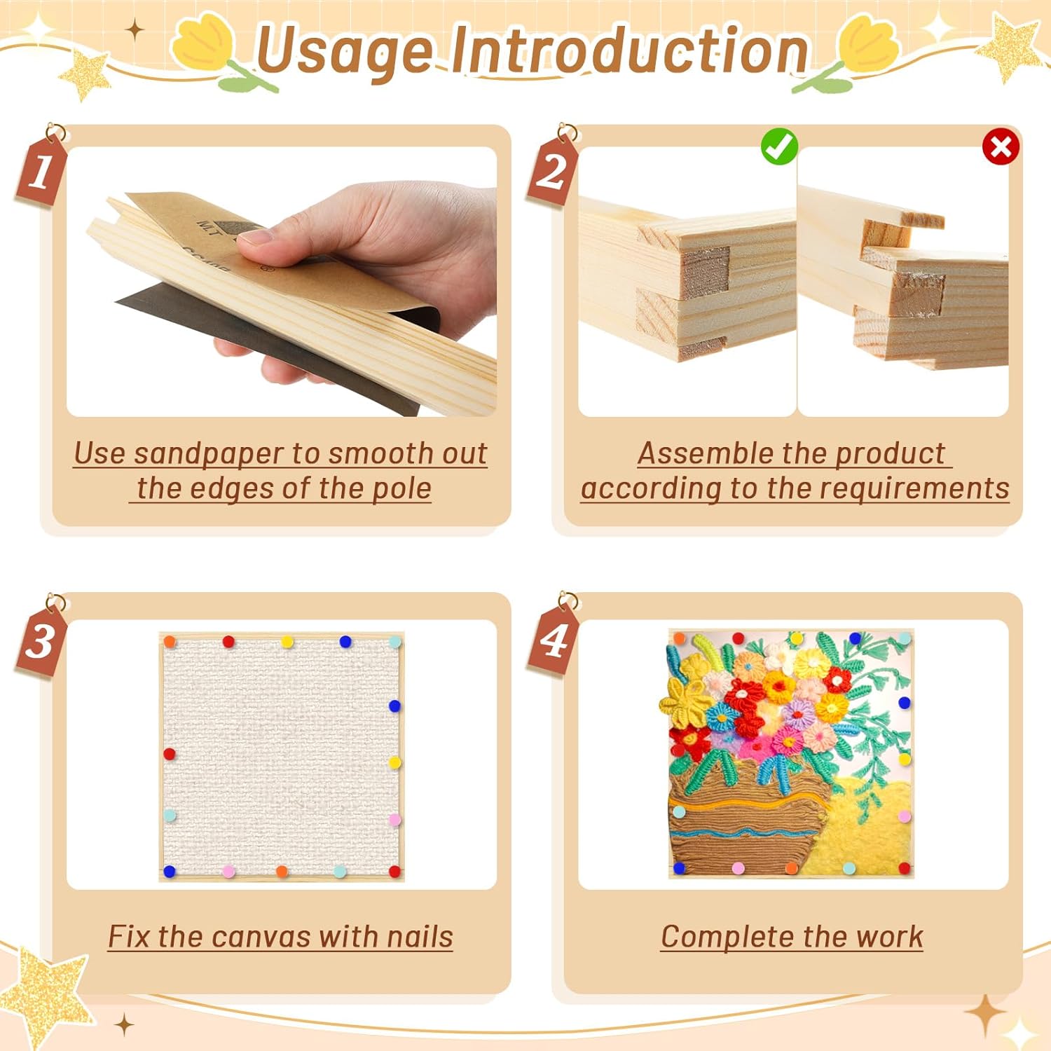 EcoBrisa Stretcher Bars for Needlework with Thumb Tacks Wooden Canvas Splicing Stretcher Bars Needlepoint Embroidery Stitch Frame Set Bundle for Crafts Art (6/8/12 in)