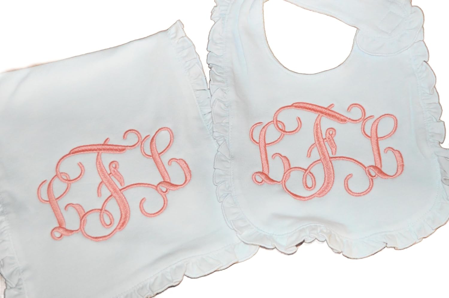 Personalized Baby Girl White Ruffle Bib and Burp Cloth set with Initials in Interlocking Script Font