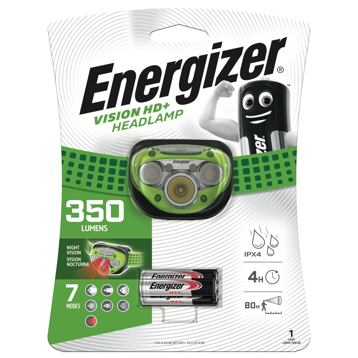 Energizer Linternas Aire Libre, Deporte Y Camping Vision Hd+ Latarka Czołowa, Czarny/Zielony, 10 x 3 cm