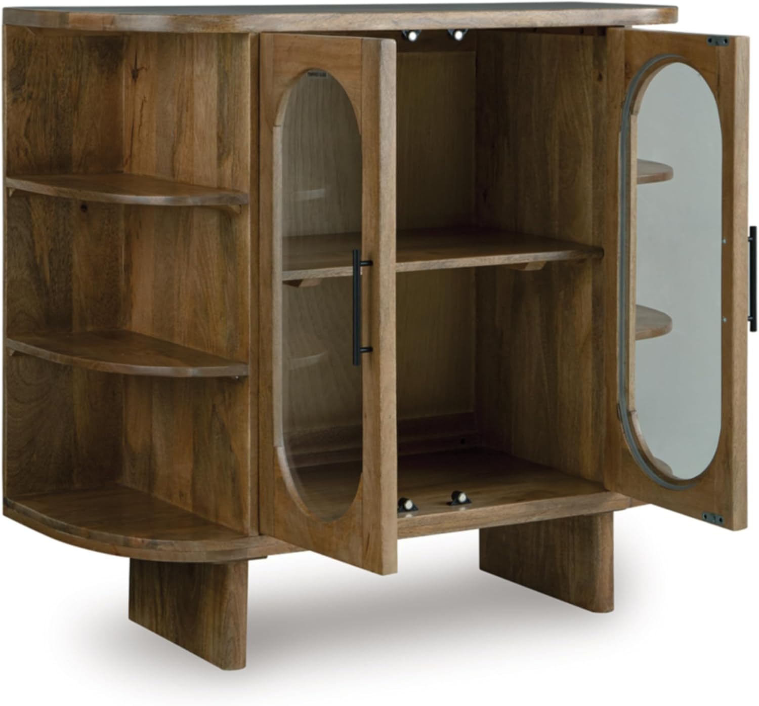 Signature Design by Ashley Niall Mango Wood Accent Cabinet with Doors | Light brown finish, Engineered wood and tempered glass, Curved side shelves, Capsule doors, 7 fixed shelves