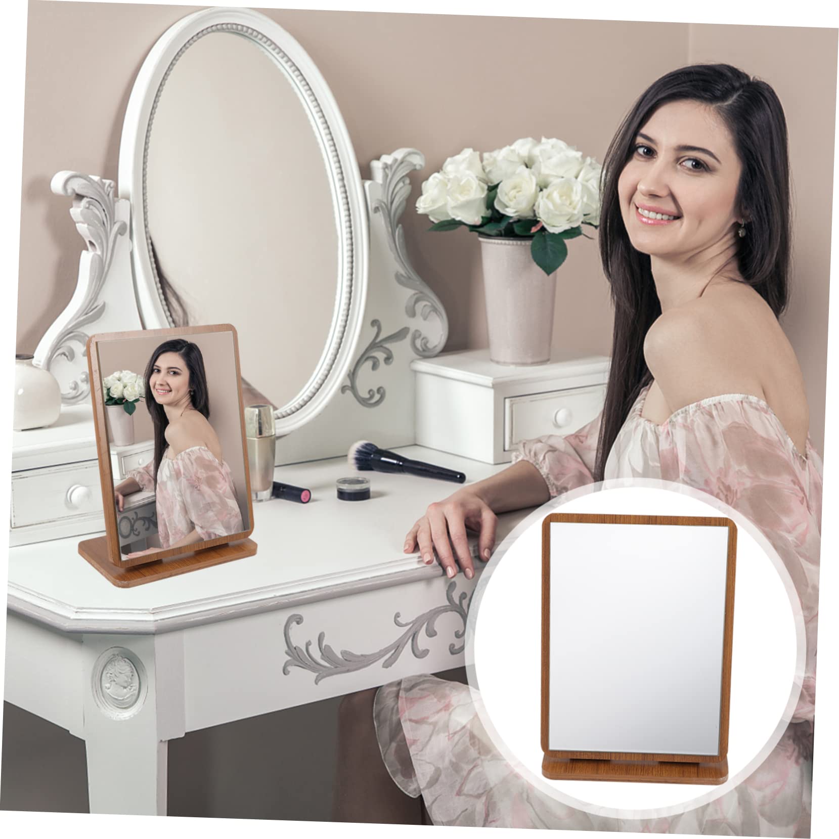 PRETYZOOM Espejo de Maquillaje de Madera Marrón para Tocador Ajuste de Ángulo, Diseño Elegante y Funcional para Cuidado Facial en Dormitorio o Baño