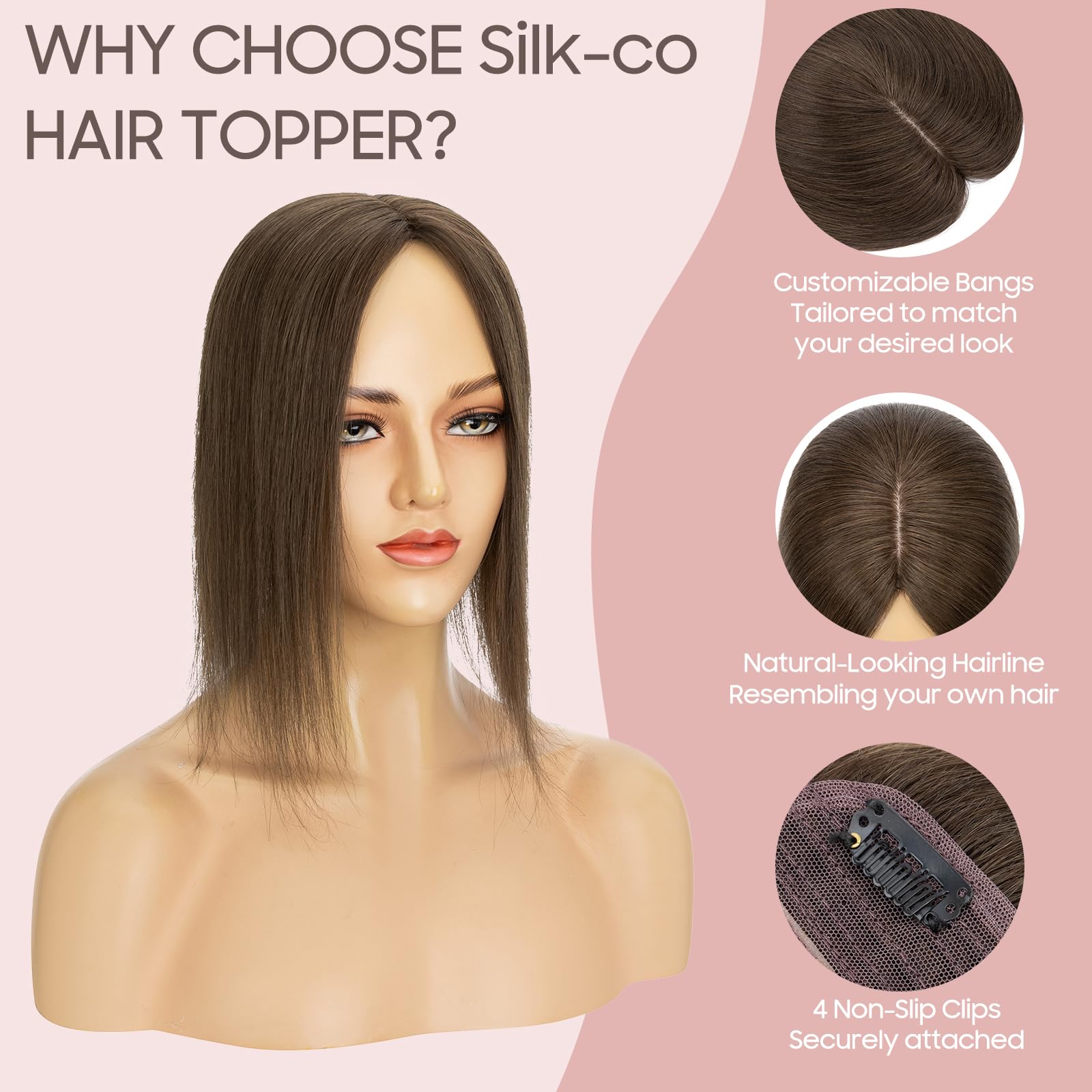 Silk-co 16inch Hair Topper for Thinning Hair Women Clip in Real Remy Human Hair Extensions Top Piece Base Size 10 * 12cm Silk+Lace Base (#02 Dark Brown) - Image 3