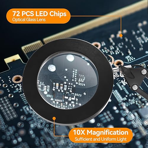 Miniatura 2 de Lupa con luz y soporte, lupa iluminada LAKIX 10X con 72 luces LED, 3 modos de color lupa iluminada y brazo ajustable para lectura, manualidades,