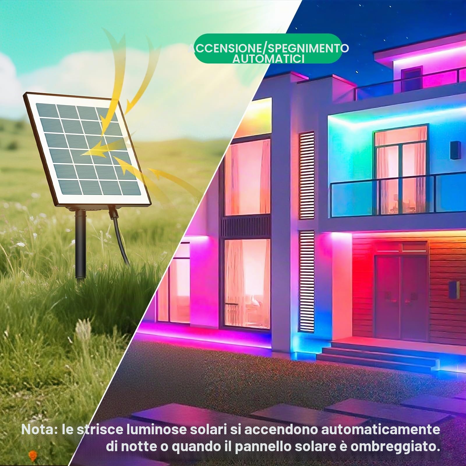 Striscia LED RGB a energia solare da 15 metri, con retro autoadesivo con funzione di accensione/spegnimento automatico, fornita con telecomando e timer, ideale per scopi decorativi