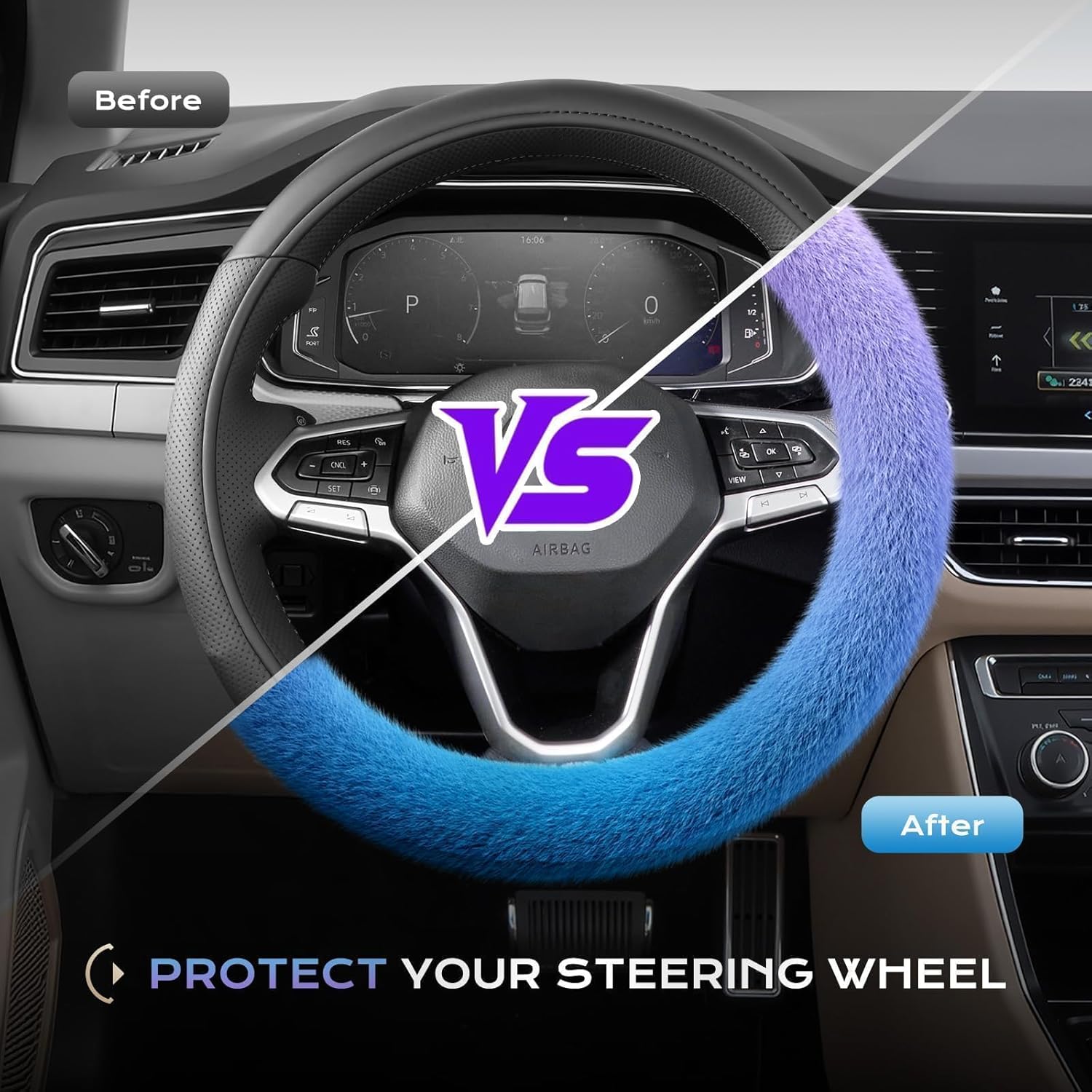 Coverado Winter Fluffy Steering Wheel Cover, Upgraded Anti-Slip Fuzzy Furry Car Steering Wheel Cover, Universal 14-15 inch, Soft Plush, Warm, No Odor, Luxurious Decoration for Women Men