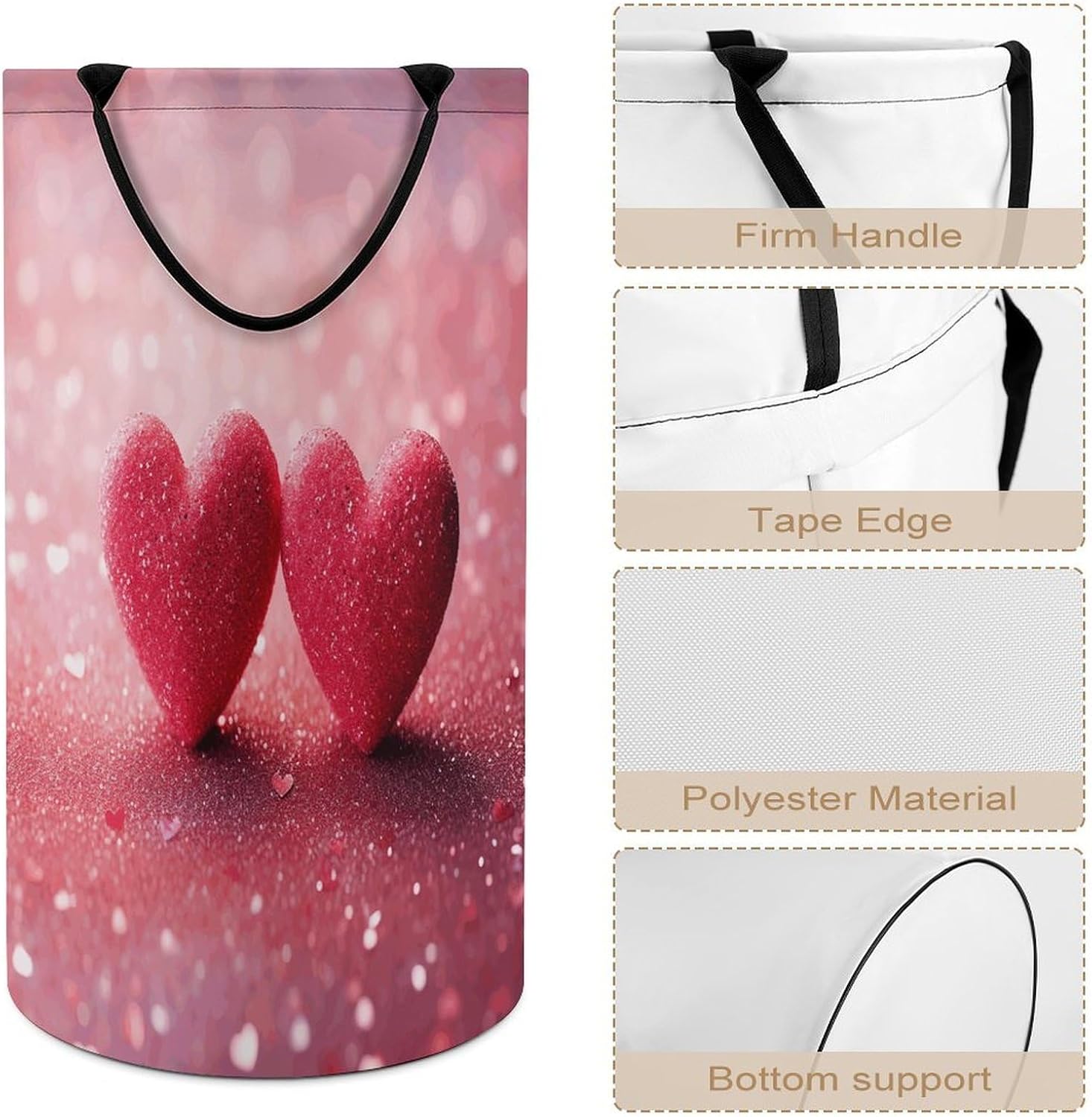 Red Heart Pink GlitterLaundry Hamper - Large Dirty Clothes Bag.Storage Basket for Easy Carry Handles. Large Clothes Basket with Handles, Clothing Storage Bucket Toy Organizer for Bathroom Bedroom Dor