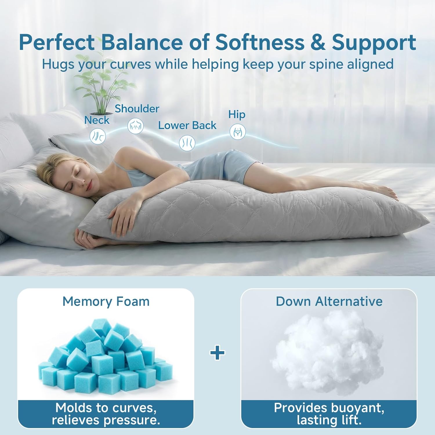 BEDELITE Cooling Body Pillow for Adults, Creative Ultra Soft Cool-Touch Quilted Nylon-Spandex Body Pillow Cover, Adjustable Memory Foam Long Pillow for Side Sleepers, Pregnancy & Back Pain(Light Grey)