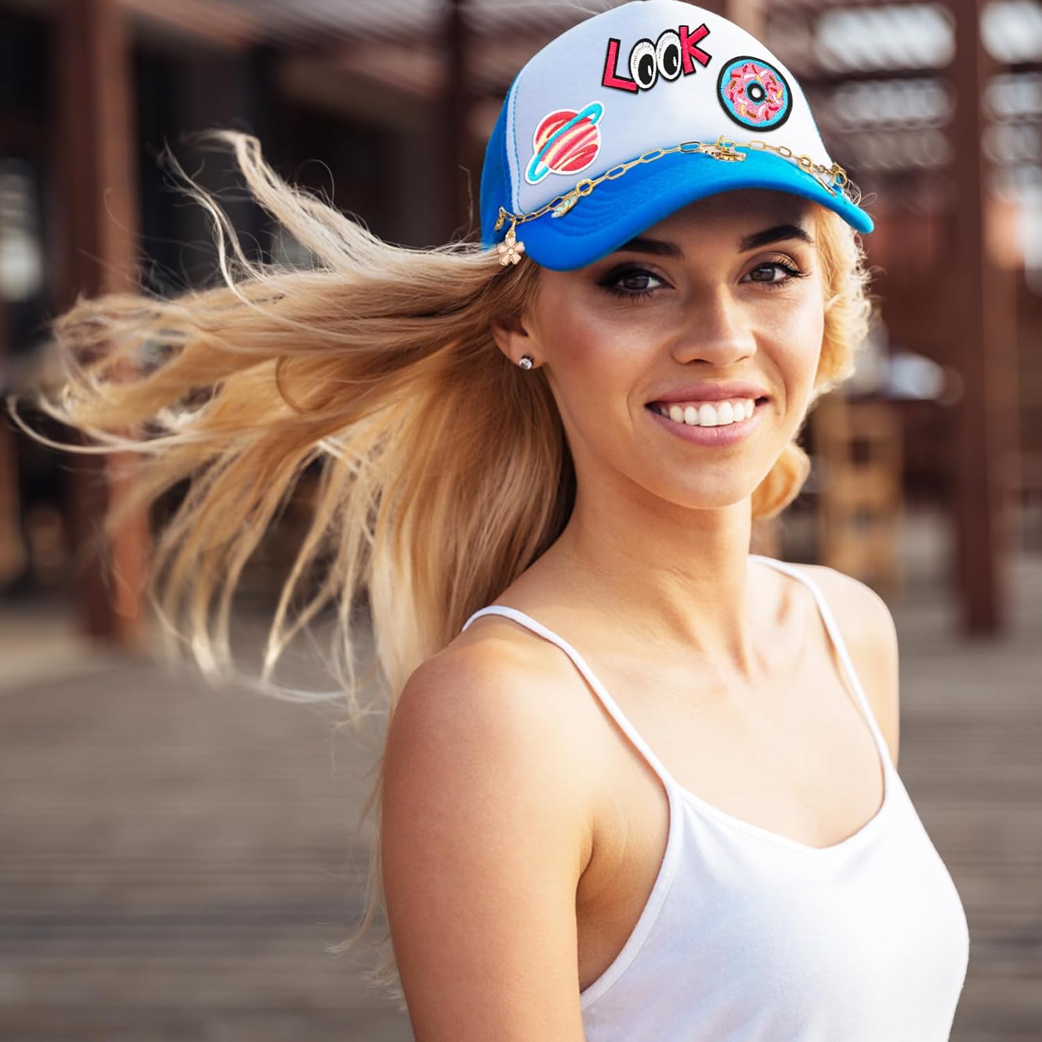 Quelay 91pcs Trucker Hat Chains Steel Detachable DIY Chains with Trucker Hat Charms Pink Embroidered Patches Enamel Pendant for Women Embellishments for Mesh Baseball Cap Accessories Bulk - Image 6