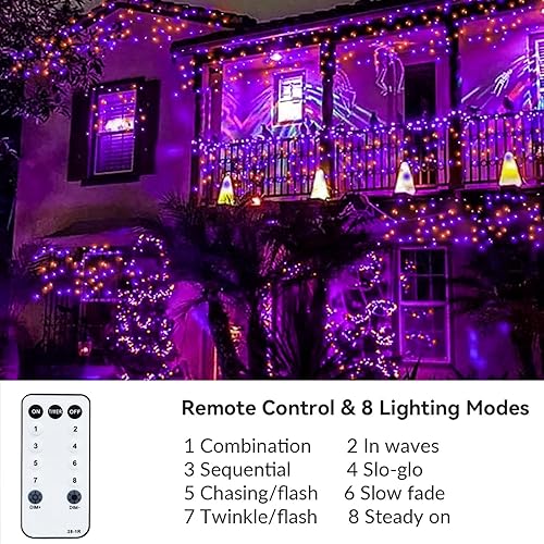 Miniatura 5 de Luces de Halloween moradas y naranjas, 800 luces LED de 330 pies, 8 modos de temporizador, enchufe, impermeable, para interiores y exteriores,