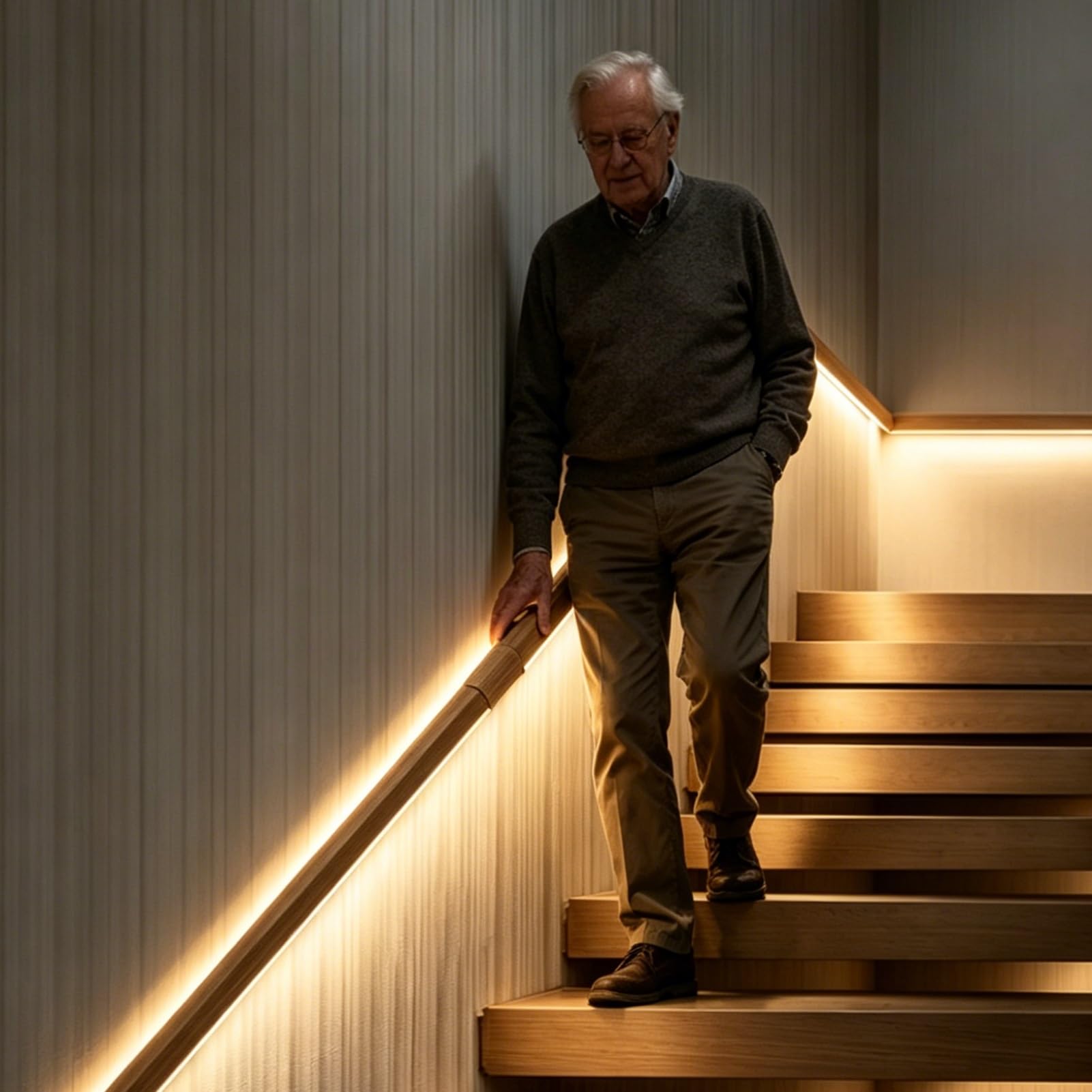 LED Lighting Aluminum Staircase Handrails, Wood Grain Stair Handrail with Motion Sensor, Illuminated Round Railing Grab Bar for Indoor Stairs(Left Bottom,250cm/98.4in)