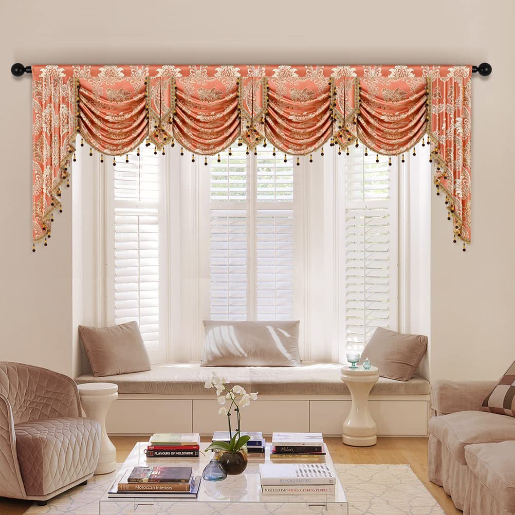ELKCA Golden Jacquard Single Swag Waterfall Valance for Living Room Damask Coffee Curtain Valance for Kitchen W39 Inch 1 Panel product thumbnail 2