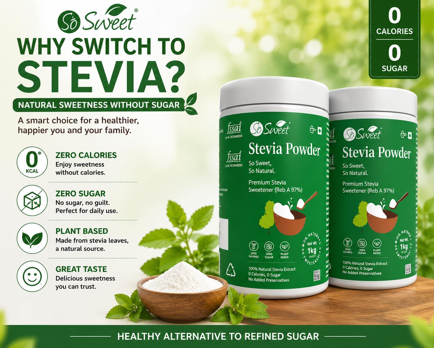 So Sweet Stevia Powder 100% Natural Sweetener - Sugar Free (Pack of 2) 1kg & 250gm 3