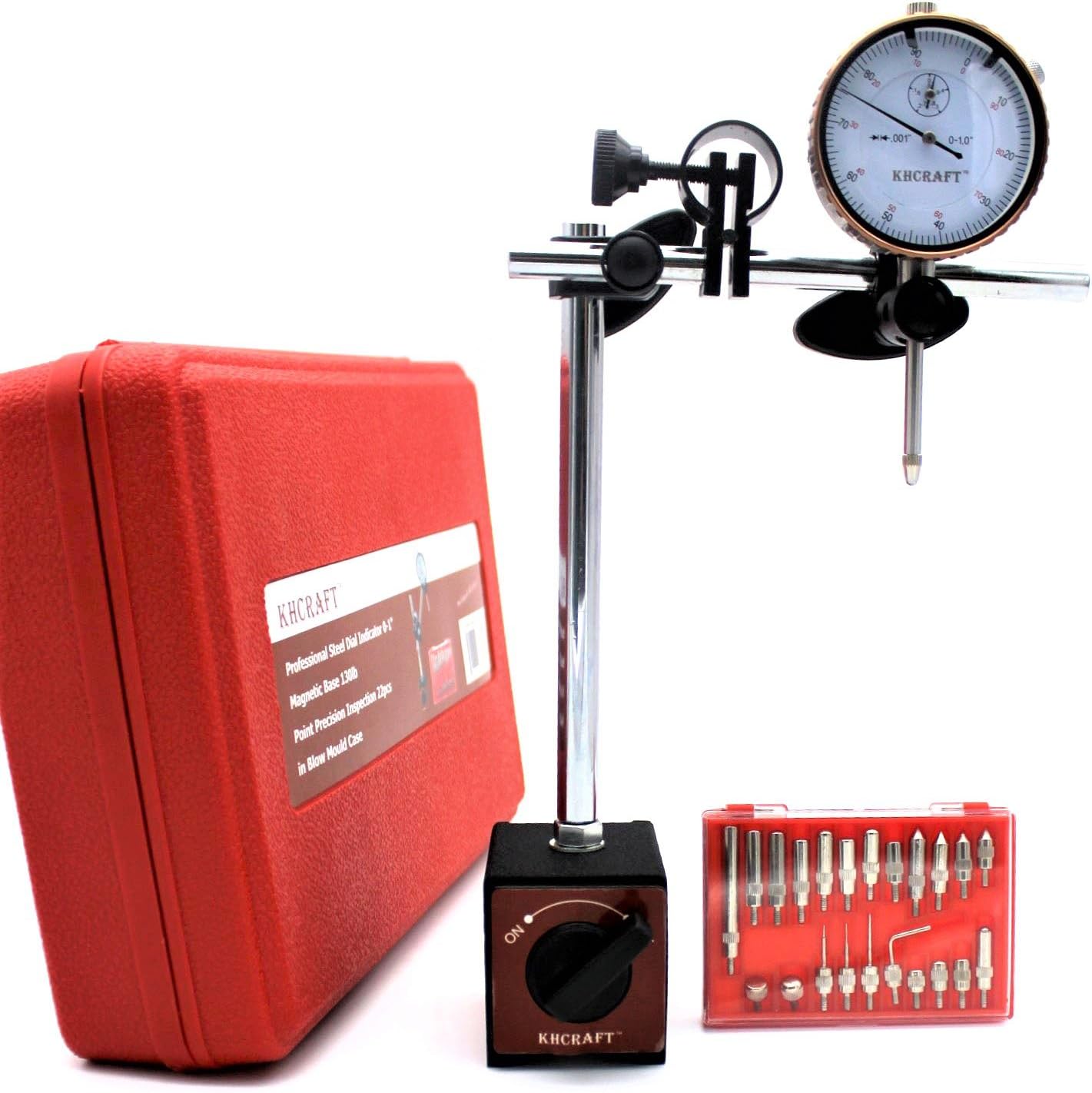 Professional Dial Indicator Magnetic Base: Dial Indicator 0-1"x0.001" Steel Hardened, Magnetic Base 130lb Fine Adjusted, Indicator Points Set 22-Piece in Blow Mould Case