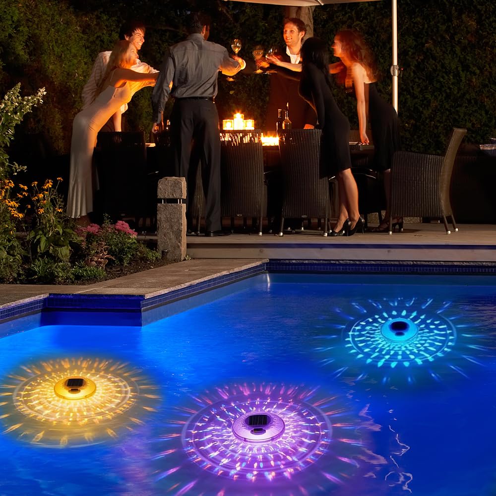 Flotador dosificador para piscina, flotante para tabletas de cloro, dosificador para piscina con iluminación LED solar, liberación ajustable y fácil apertura, luz RGB para piscina, lámpara