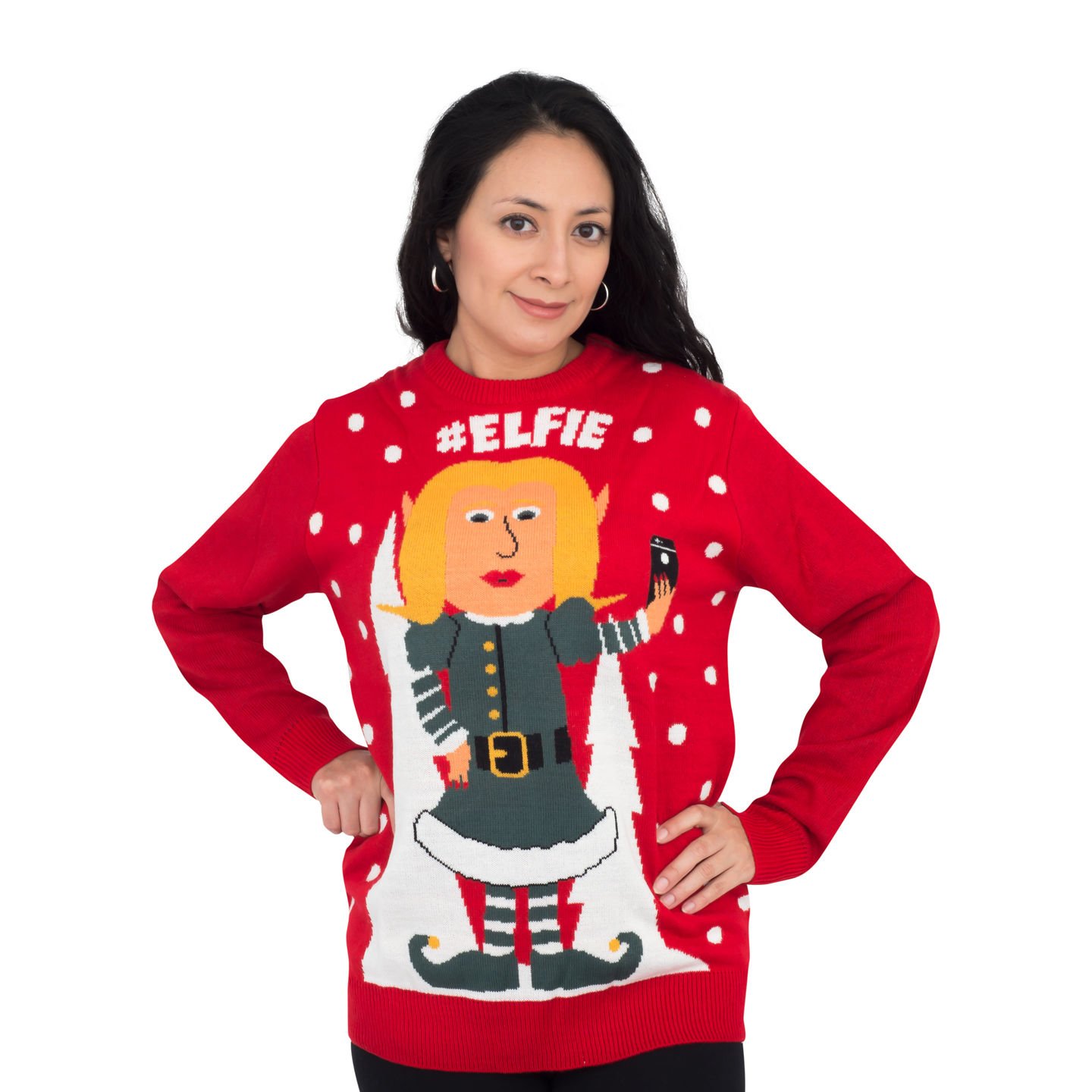 #Elfie Hashtag Elf Women's Full Body with Snowflakes Red Ugly Christmas Sweater