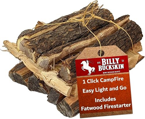 Billy Buckskin Co. Paquete de madera para fogata 1 clic de fuego listo para encender Piñón, enebro, mezquite con palos de fuego Simplemente